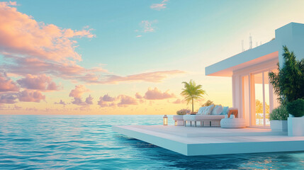 Fototapeta premium Luxury modern villa on water at sunset with serene ocean view and tropical ambiance