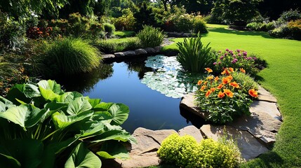 Tropical garden with a banana plant centerpiece, flowering hibiscus, and a serene pond