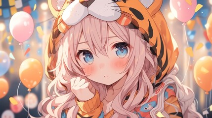 Whimsical Tiger Costume Character, a playful anime portrait featuring a cute girl dressed in an adorable tiger outfit, vibrant colors and charming expression enhancing her playful spirit.