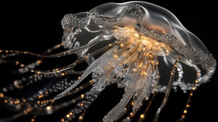 Dreamcore Jellyfish, Glowing dreamy underwater creature. Isolated sea animal on black background.