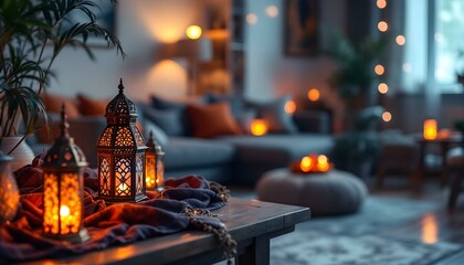 A lantern and candles on a table, radiating a peaceful Ramadan vibe with soft, warm light