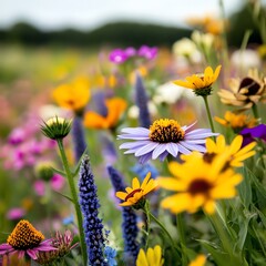 Wildflower garden with blooming native plants, attracting bees and butterflies for natural beauty