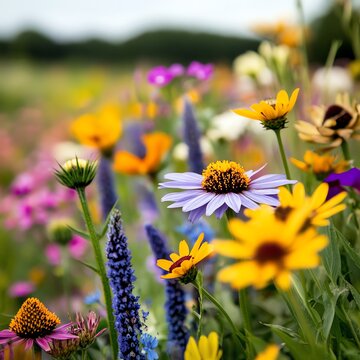 Wildflower garden with blooming native plants, attracting bees and butterflies for natural beauty