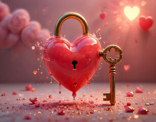 3D Cartoon Heart Lock and Key: Glossy Red Lock with Golden Heart Key in a Whimsical Pink Cloud Scene
