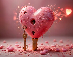 3D Cartoon Heart Lock and Key: Glossy Red Lock with Golden Heart Key in a Whimsical Pink Cloud Scene