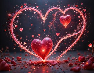 3D Cartoon Intertwined Glowing Hearts: Romantic Scene with Glittering Stars and Scattered Petals