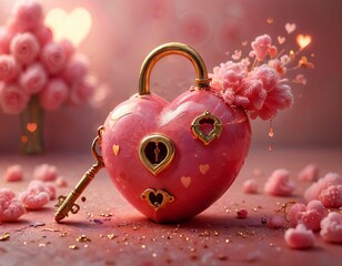 3D Cartoon Heart Lock and Key: Glossy Red Lock with Golden Heart Key in a Whimsical Pink Cloud Scene