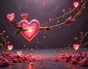 
3D Cartoon Golden Heart Bow with Glowing Pink Heart Arrow: Whimsical and Romantic Fantasy Scene