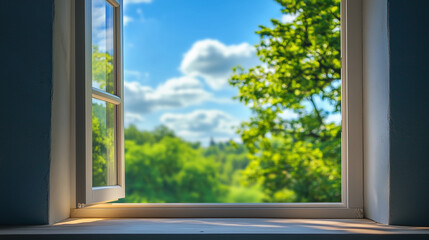 Fototapeta premium Open window view of lush green trees and a bright blue sky with fluffy clouds on a sunny day
