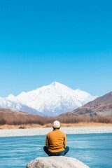 Meditative Solitude Man Enjoying Himalayan View by Tranquil River