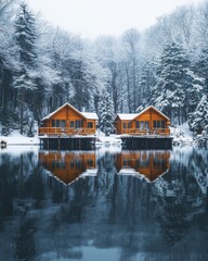 Fototapeta premium Serene Winter Getaway Snow-Covered Lakeside Cabins Reflecting on Tranquil Waters
