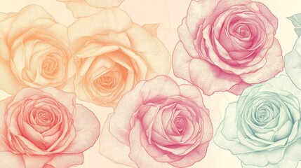 Fototapeta premium Delicate Pastel Roses Artistic Detailed Drawing