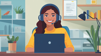 Illustration of a cheerful customer support representative wearing a headset and working remotely at home