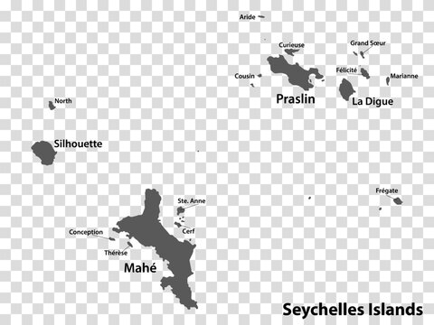 Blank map Seychelles Islands in gray. Every Island map is with titles. High quality map of  Seychelles on transparent background for your  design.  EPS10.