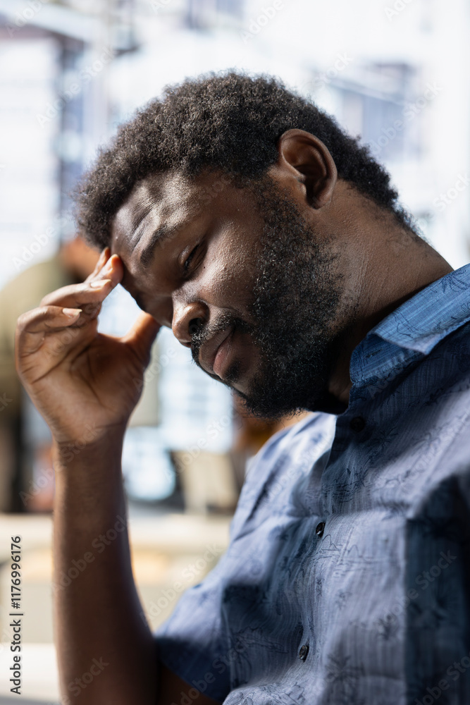 Poster exhausted employee rubbing forehead while analyzing datasets on computer, checking accounting figure