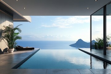 Fototapeta premium Ocean view infinity pool overlooking mountains and sky in a modern architectural setting
