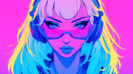 Neon Anime Girl, vibrant character design with headphones and blue lipstick, set against a sci-fi fantasy horror backdrop, perfect for graphic novels or apparel.