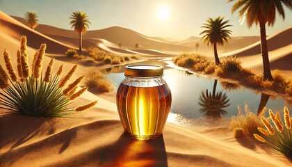 Golden Honey Jar in Desert Sunset generative ai