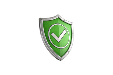 A vibrant green shield with a bold silver metallic edge and a white checkmark, representing robust security, isolated on a transparent background