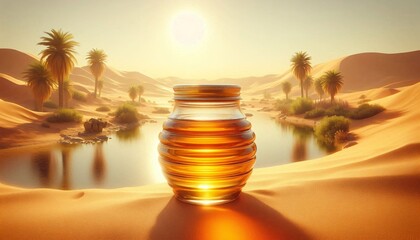 Golden Honey Jar in Desert Sunset generative ai