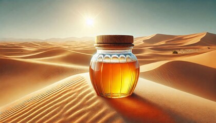 Golden Honey Jar in Desert Sunset generative ai