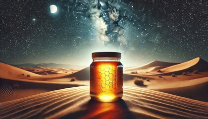 Golden Honey Jar in Desert Sunset generative ai