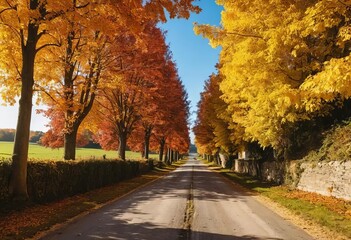 Naklejka premium A rural road lined with trees in full autumn colors of red, orange, and yellow