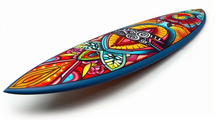 A vibrant surfboard with artistic patterns, isolated on a white background.
