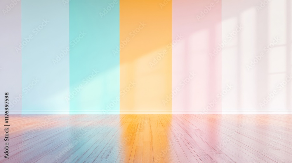Poster pastel abstract room with floating financial diagrams and geometric reflections