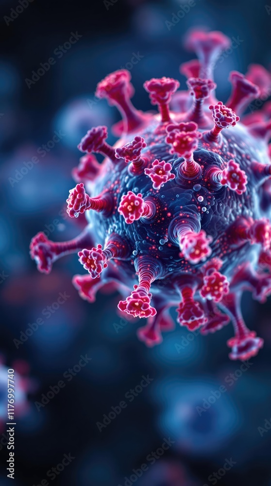 Poster Microscopic view of HMPV virus particle complex structure and vibrant colors