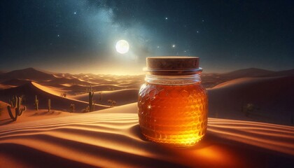 Golden Honey Jar in Desert Sunset generative ai