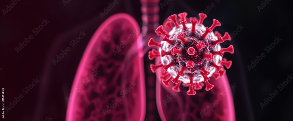 Poster microscopic view of hmpv virus particle near human lungs