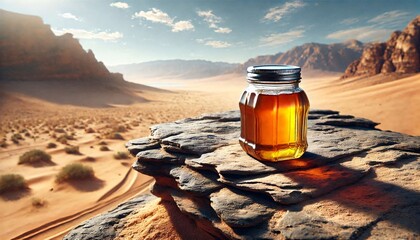 Golden Honey Jar in Desert Sunset generative ai