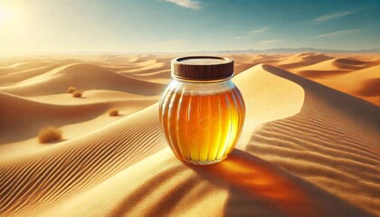 Golden Honey Jar in Desert Sunset generative ai