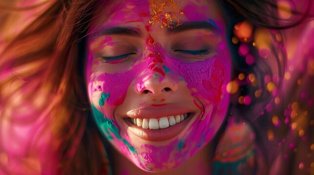 Vivid portrait of a woman adorned with colorful powder at a joyous festival celebration