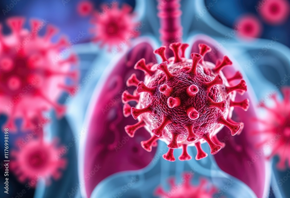 Poster microscopic view of hmpv virus particle infecting respiratory system
