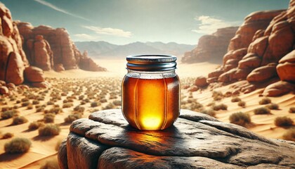 Golden Honey Jar in Desert Sunset generative ai
