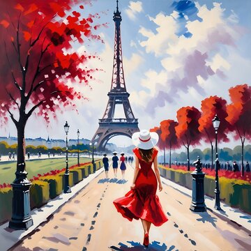 Rear view of woman traveller wearing red dress walking in Paris. Illustration