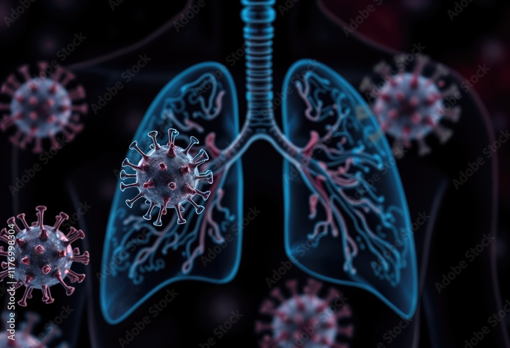 Poster human respiratory system affected by hmpv viruses microscopic view of virus particles attacking lung