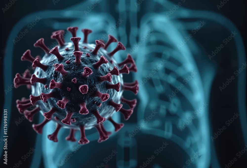 Poster Microscopic view of HMPV virus particle against blurred background of chest ray