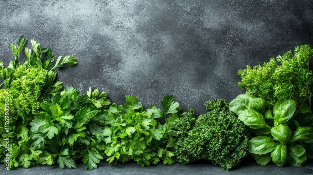 Sticker Fresh green herbs arranged beautifully on a textured gray surface for culinary use and presentation