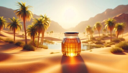 Golden Honey Jar in Desert Sunset generative ai