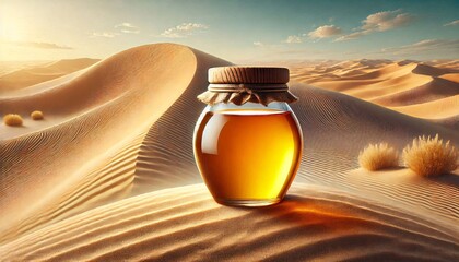 Golden Honey Jar in Desert Sunset generative ai