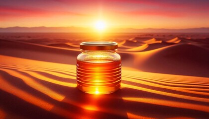 Golden Honey Jar in Desert Sunset generative ai