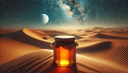 Golden Honey Jar in Desert Sunset generative ai