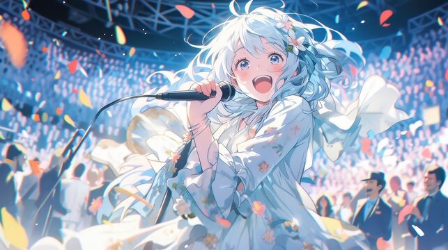 Vibrant anime idol performing passionately on stage, surrounded by a lively concert band, captivating the audience with her powerful voice and energetic presence.