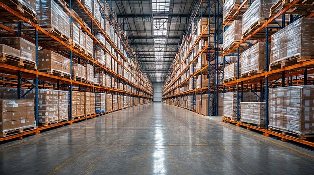 Large warehouse interior featuring tall racking systems filled with neatly organized pallets in a business setting. The space showcases high shelves displaying stacked pallets efficiently