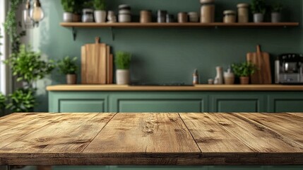 Wooden tabletop with a blurred kitchen backdrop, featuring a modern and contemporary green kitchen interior