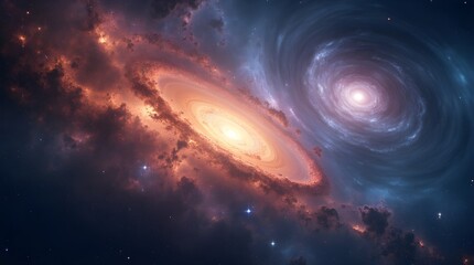 Fototapeta premium Vivid depiction of two galaxies spiraling amidst vibrant stars and expansive nebulae, showcasing the magnificence and mysteries of the universe.