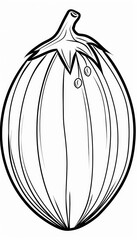 A simple line drawing of a round fruit with a stem and leaves. Suitable for coloring books educational materials or simple design elements.